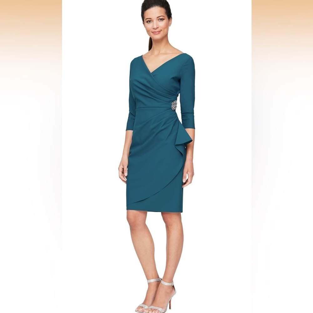 Alex Evenings Slimming Short Sheath 3/4 Sleeve Cocktail Dress Deep Teal, 6/ 586